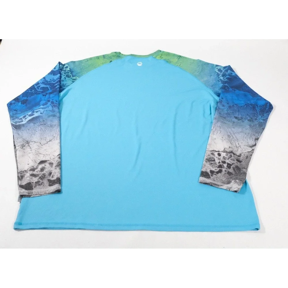 O'Rageous Rash Guard Men 2XL‎ Blue Ocean Wave Long Sleeve Performance Swim Shirt
